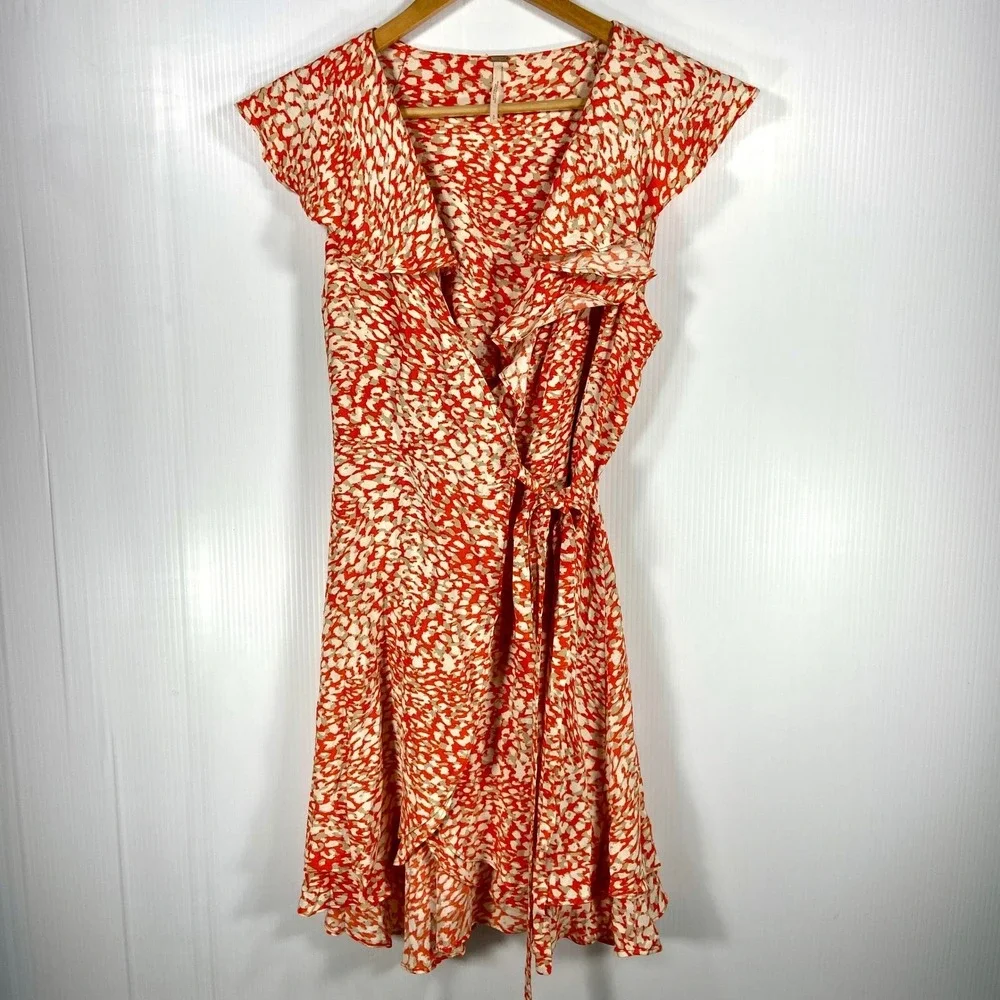 Free People French Quarter Wrap Mini Dress in‎ Pop Combo Orange Womens Small